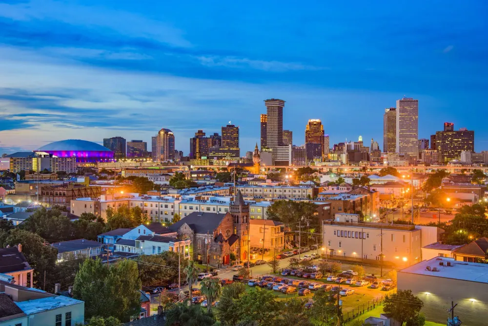 Skyline of New Orlean lit up at night